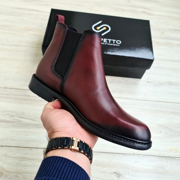 Burgundy Men's Chelsea Genuine Leather Boots - Picture 2 of 10